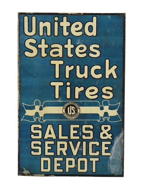 RARE UNITED STATES TRUCK TIRES SALES & SERVICE DEPOT TIN FLANGE SIGN. 