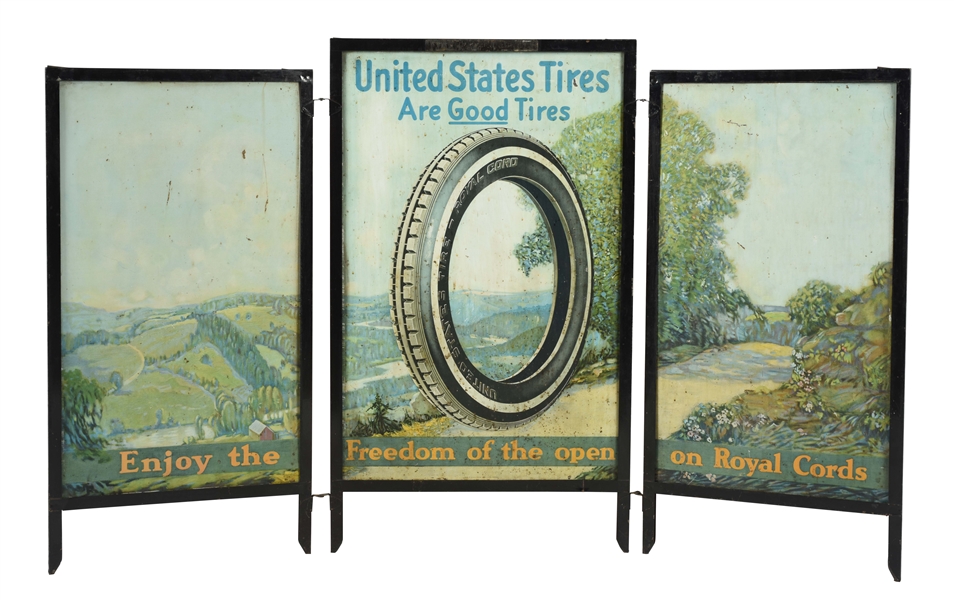 UNITED STATES TIRES TIN TRI-FOLD STORE DISPLAY WITH TIRE GRAPHIC.