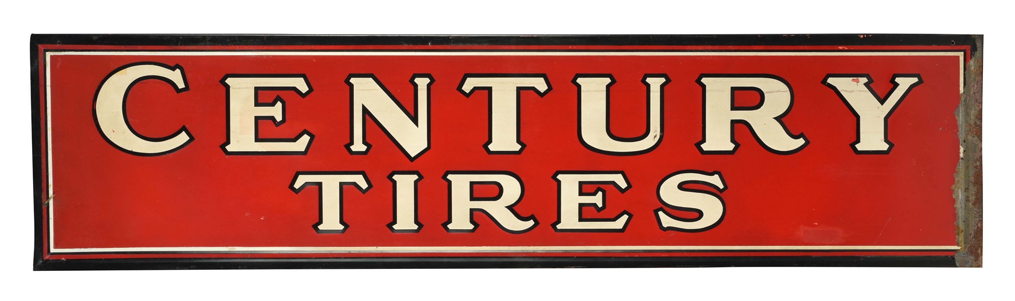 CENTURY TIRES EMBOSSED TIN SIGN WITH ORIGINAL WOOD BACKING. 