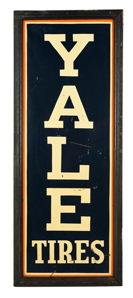 YALE TIRES TIN SERVICE STATION SIGN WITH ORIGINAL WOOD FRAME.
