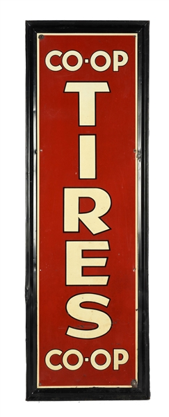 CO OP TIRES EMBOSSED TIN VERTICAL SERVICE STATION SIGN WITH SELF FRAMED EDGE. 