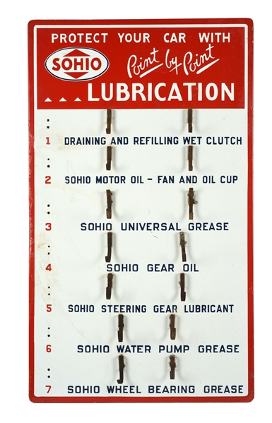 SOHIO POINT BY POINT PORCELAIN SERVICE STATION LUBRICATION GUN RACK SIGN.
