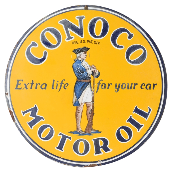 RARE CONOCO EXTRA LIFE MOTOR OIL PORCELAIN SIGN WITH MINUTEMAN GRAPHIC.