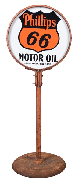 RARE PHILLIPS 66 MOTOR OIL PORCELAIN LOLLIPOP CURB SIGN WITH ORIGINAL PHILLIPS CAST IRON BASE.