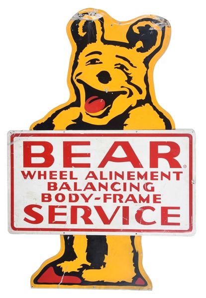 BEAR WHEEL ALIGNMENT SERVICE TIN SIGN WITH BEAR GRAPHIC.  
