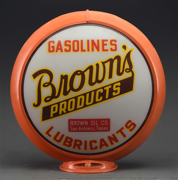 BROWNS PRODUCTS GASOLINE & LUBRICANTS COMPLETE 13.5" GLOBE ON ORIGINAL CAPCO BODY.