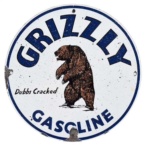 RARE GRIZZLY GASOLINE PORCELAIN PUMP PLATE WITH BEAR GRAPHIC. 