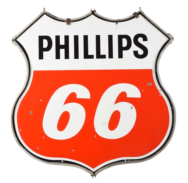 PHILLIPS 66 GASOLINE PORCELAIN SIGN WITH ORIGINAL METAL RING. 