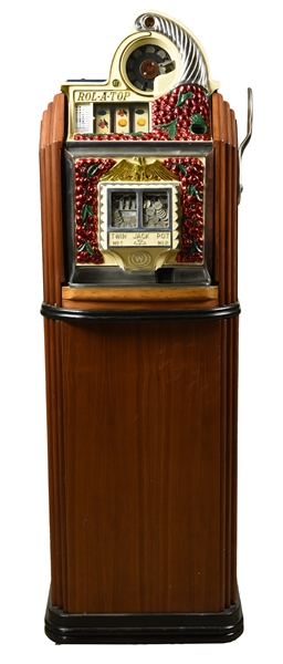 **5¢ WATLING ROL-A-TOP CHERRY FRONT TWIN JACKPOT CONSOLE SLOT MACHINE.