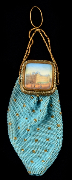 RARE VINAIGRETTE BEADED PURSE WITH PAINTED IVORY TOP. 