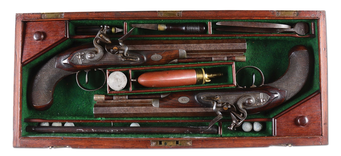 (A) GOOD CASED PAIR OF ENGLISH FLINTLOCK DUELING/OFFICERS PISTOLS BY HENRY NOCK.