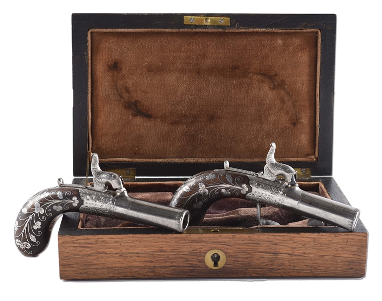 (A) CASED PAIR OF DIMINUTIVE SILVER-MOUNTED PERCUSSION PISTOLS BY FORSYTH & CO.