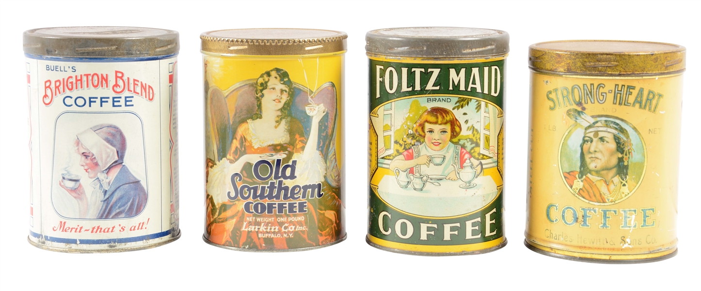 LOT OF 4: EARLY COFFEE TINS.