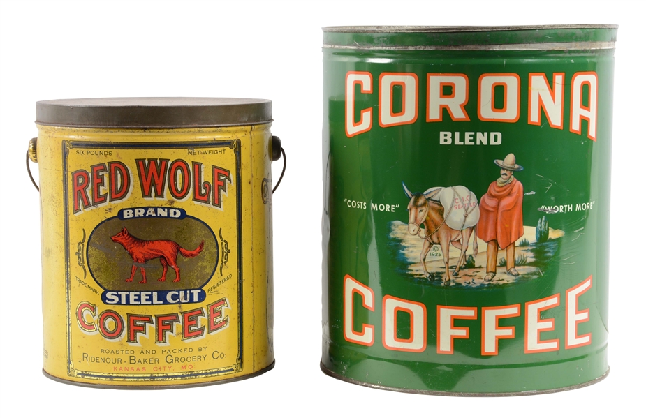 LOT OF 2: OVERSIZED COFFEE TINS.
