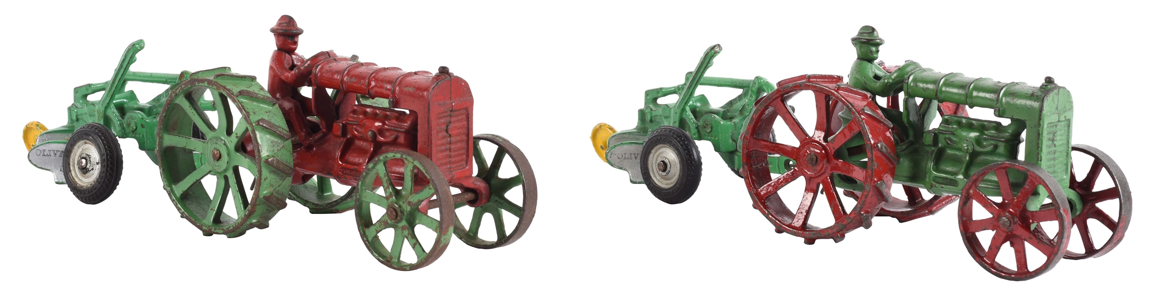 LOT OF 2: CAST IRON ARCADE TOY TRACTORS PULLING EQUIPMENT.