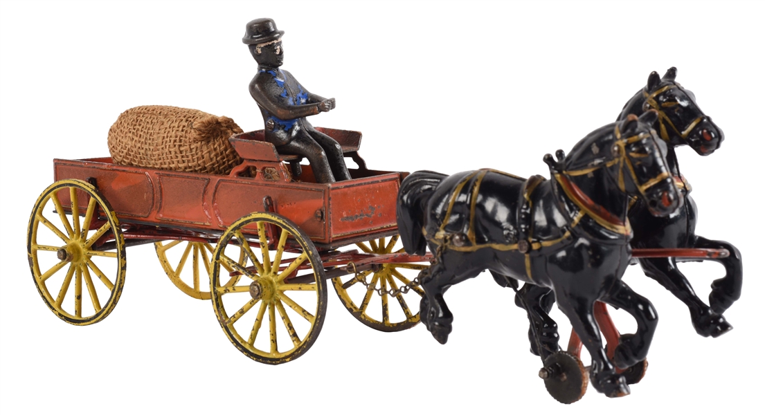 AMERICAN MADE CAST IRON HORSE DRAWN BUCKBOARD WAGON.