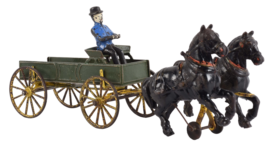 AMERICAN MADE CAST IRON HORSE DRAWN BUCKBOARD WAGON.