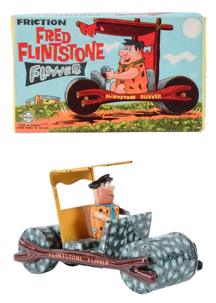 MARX MADE IN JAPAN TIN LITHO FRICTION FRED FLINTSTONE FLIVVER WITH BOX.