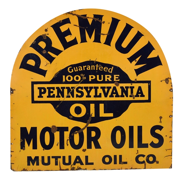MUTUAL OIL COMPANY PREMIUM MOTOR OILS LARGE TOMBSTONE SIGN.