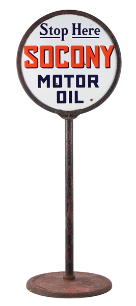 STOP HERE FOR SOCONY MOTOR OIL PORCELAIN LOLLIPOP SIGN WITH SONCONY BASE SIGN. 