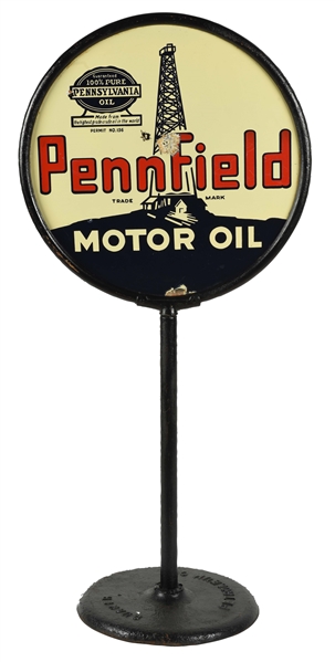 RARE PENNFIELD MOTOR OIL PORCELAIN CURB SIGN IN LOLLIPOP STAND WITH OIL WELL GRAPHIC.