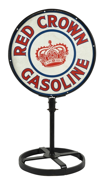 RED CROWN GASOLINE PORCELAIN CURB SIGN IN LOLLIPOP STAND.