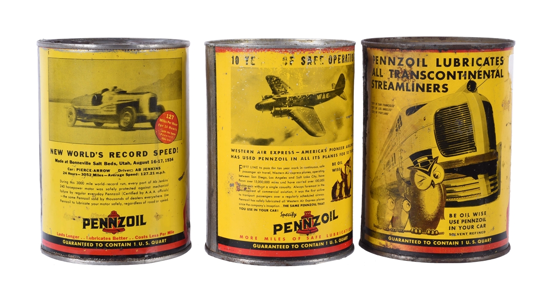 LOT OF 3: RARE PENNZOIL MOTOR OIL QUART CANS WITH AIRPLANE, RACE CAR & TRAIN GRAPHICS.
