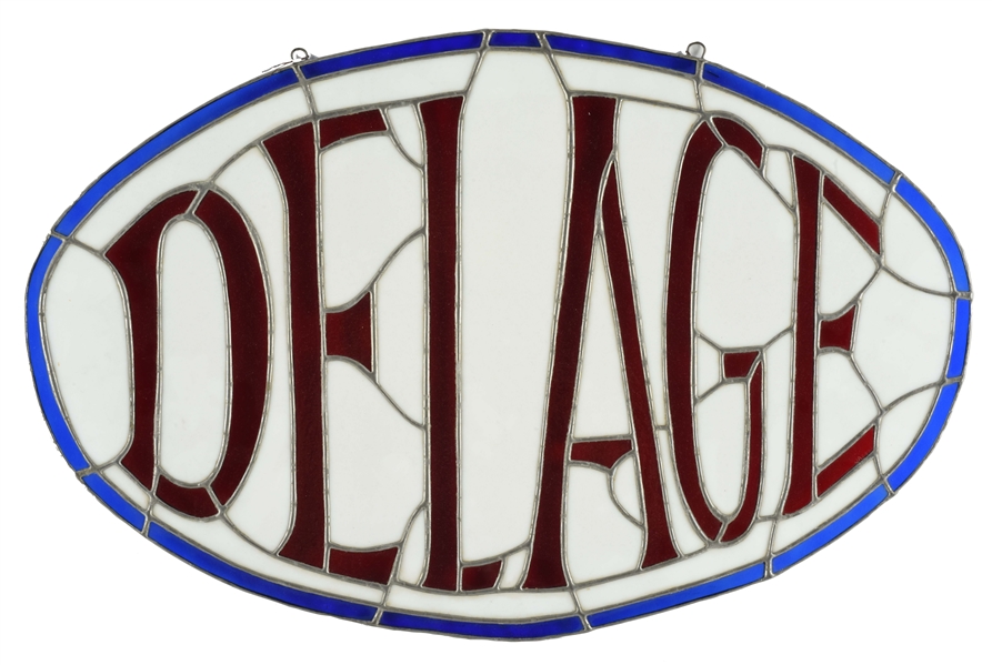DELAGE MOTOR CARS STAINED GLASS ADVERTISING DISPLAY.