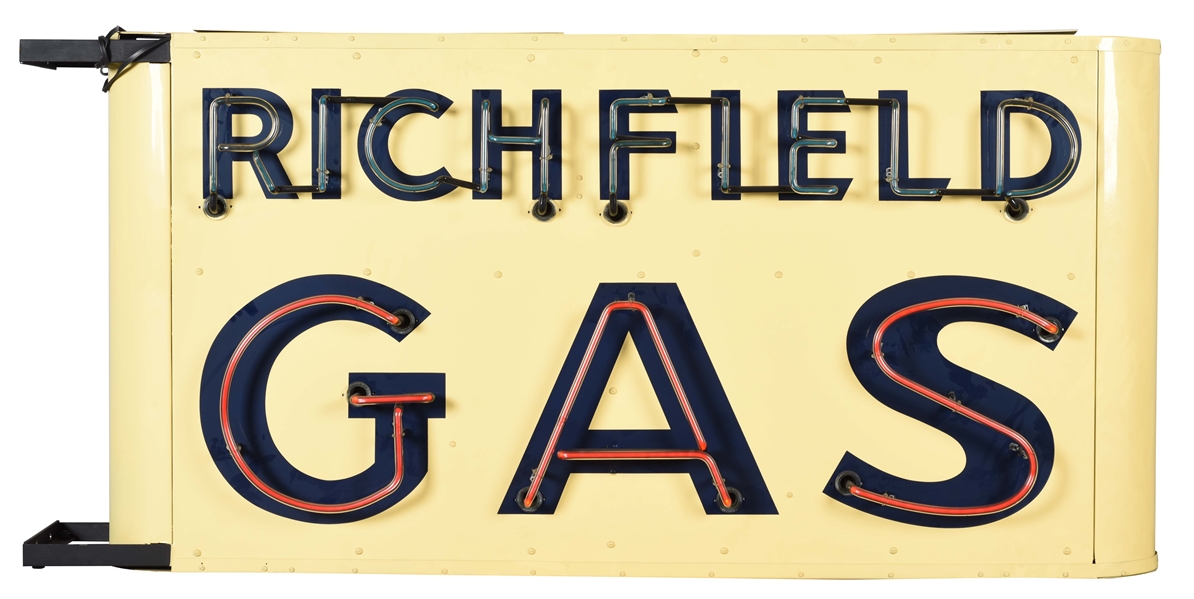 RICHFIELD GASOLINE COMPLETE TIN NEON GAS SIGN WITH BULLNOSE. 