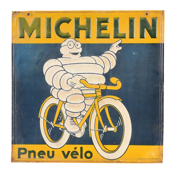 MICHELIN TIRES EMBOSSED TIN SIGN WITH BIBENDUM ON BICYCLE GRAPHIC. 