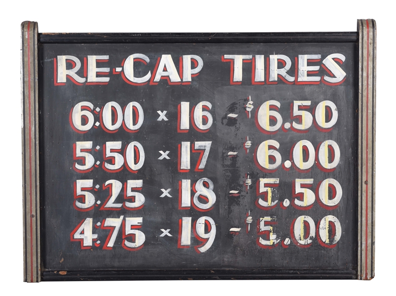 HAND PAINTED RE-CAP TIRES SERVICE STATION SIGN WITH MARQUEE WOOD FRAME.