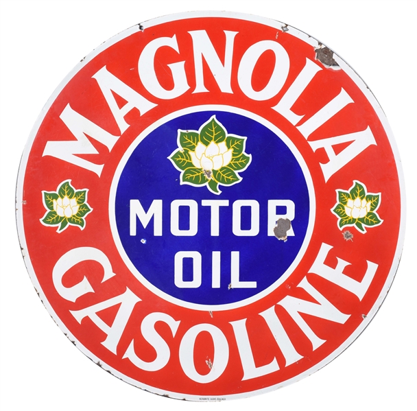 MAGNOLIA GASOLINE & MOTOR OIL SIGN WITH 3 FLOWER GRAPHIC. 