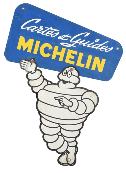 MICHELIN TIRES DIE-CUT TWO PIECE TIN SIGN WITH BIBENDUM GRAPHIC.