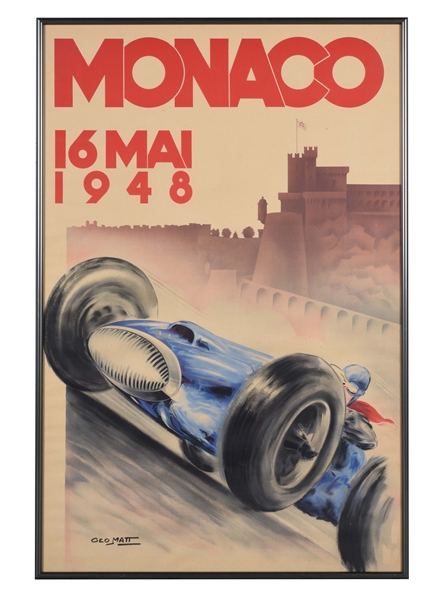 1948 MONACO FRAMED RACING POSTER WITH RACE CAR GRAPHIC.