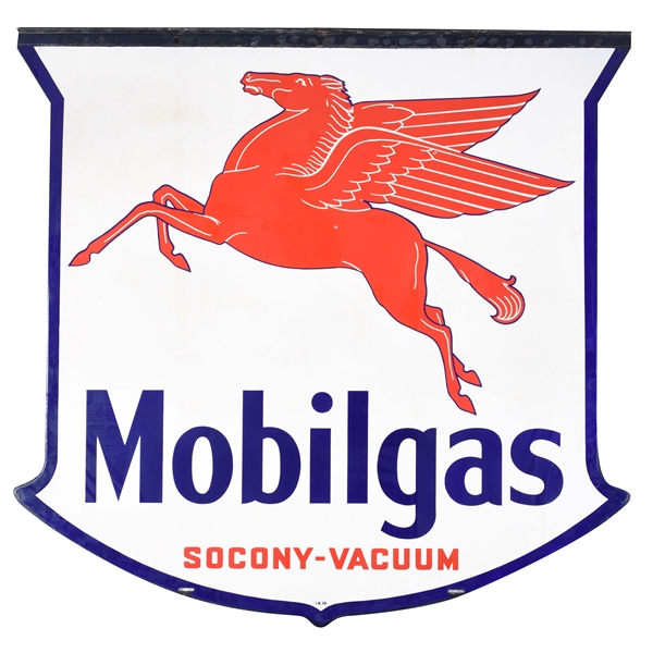 MOBIL GASOLINE MOBILGAS PORCELAIN SHIELD SIGN WITH PEGASUS GRAPHIC.