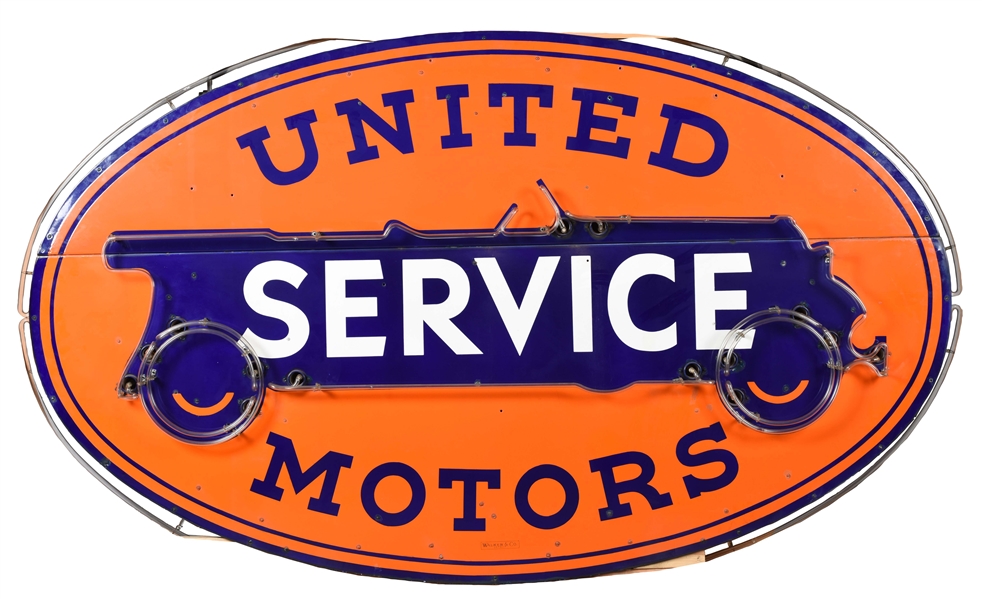 OUTSTANDING UNITED MOTORS 8 FOOT DOUBLE SIDED NEON SIGN WITH ARTICULATING WHEELS.