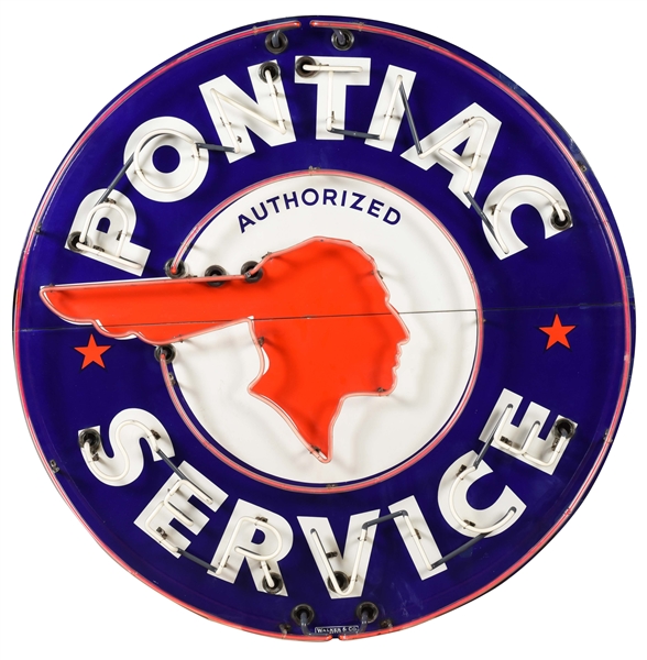 OUTSTANDING PONTIAC SERVICE PORCELAIN DOUBLE SIDED NEON DEALERSHIP SIGN.