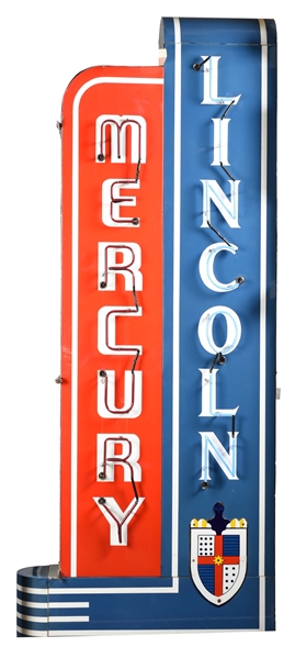 OUTSTANDING LINCOLN MERCURY PORCELAIN NEON SIGN WITH ORIGINAL METAL CAN & BULLNOSE.