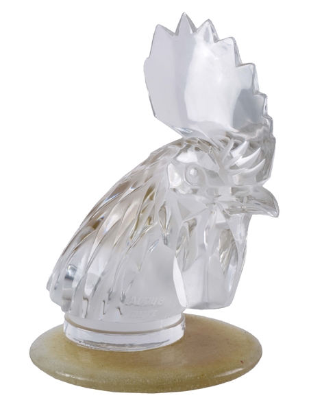 R. LALIQUE CLEAR GLASS ROOSTER HEAD MASCOT HOOD ORNAMENT.