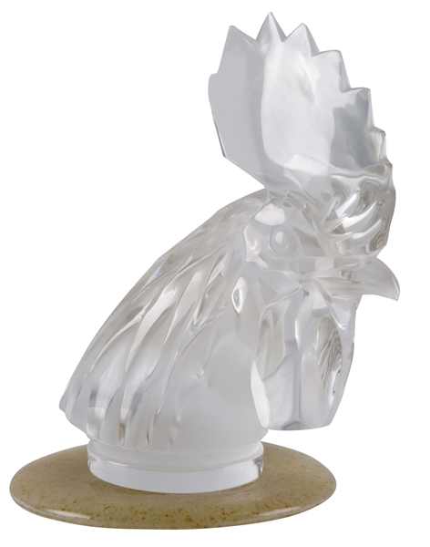 R. LALIQUE CLEAR GLASS ROOSTER HEAD MASCOT HOOD ORNAMENT. 