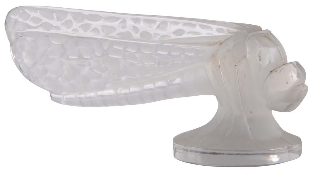 R. LALIQUE CLEAR & FROSTED GLASS LIBELLULE PETITE MASCOT HOOD ORNAMENT.