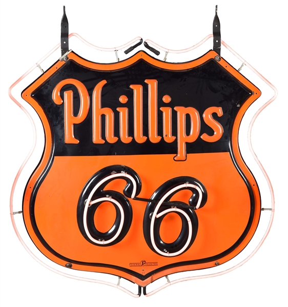 PHILLIPS 66 EMBOSSED PORCELAIN DOUBLE SIDED NEON SERVICE STATION SIGN.