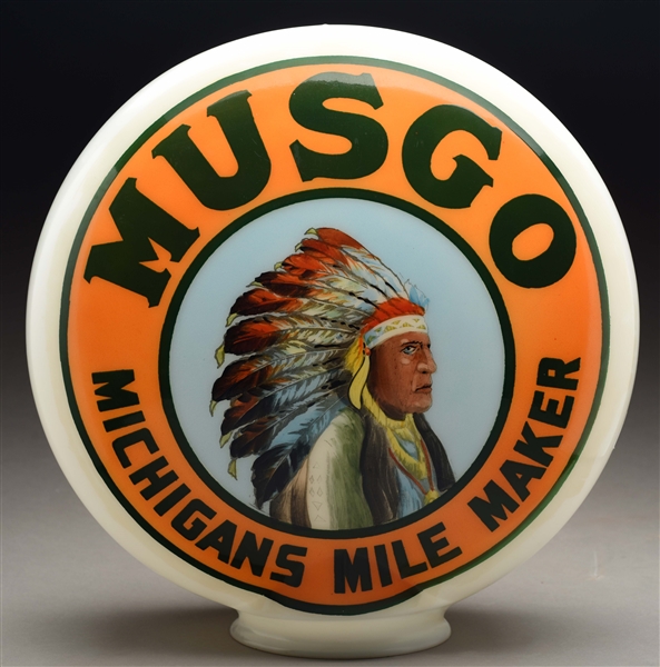 MUSGO GASOLINE MICHIGANS MILE MAKER ONE PIECE BAKED GLOBE WITH NATIVE AMERICAN GRAPHIC.  
