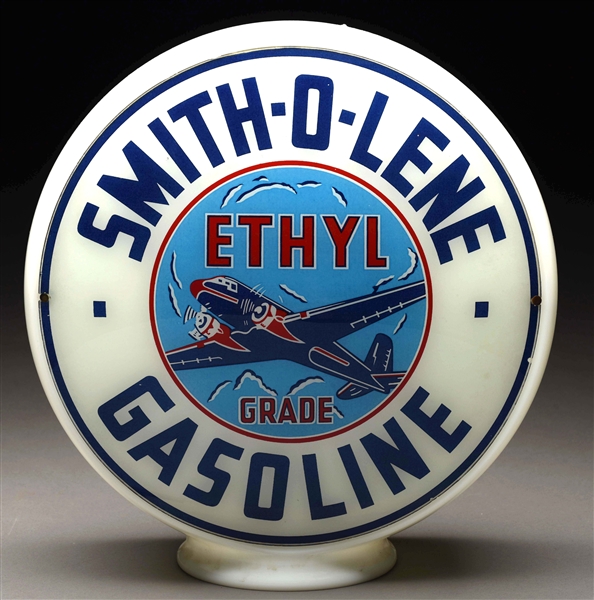 SMITH-O-LENE ETHYL GRADE GASOLINE 12-1/2" SINGLE GLOBE LENS ON MILK GLASS BODY. 