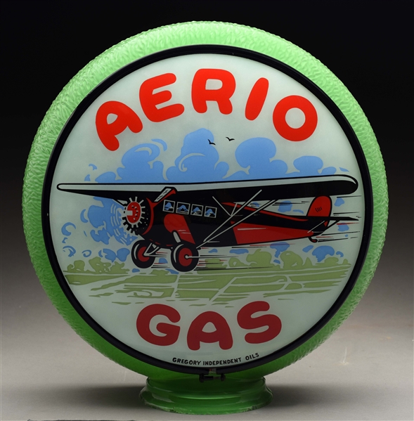 GREGORY INDEPENDENT OIL AERIO GAS 13.5" GLOBE LENS ON ORIGINAL GREEN RIPPLE BODY. 