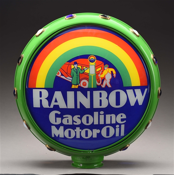 RAINBOW GASOLINE & MOTOR OIL 15" SINGLE GLOBE LENS ON ORIGINAL JEWEL BODY.