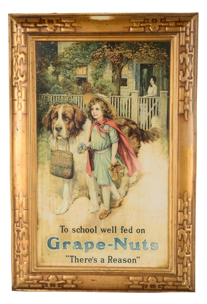SELF-FRAMED TIN "GRAPE-NUTS" ADVERTISING SIGN.