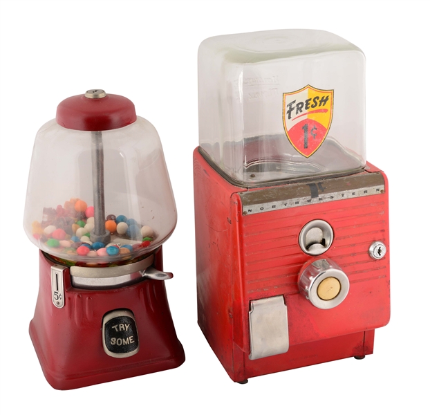 LOT OF 2: 1¢ AND 5¢ GUMBALL MACHINES.