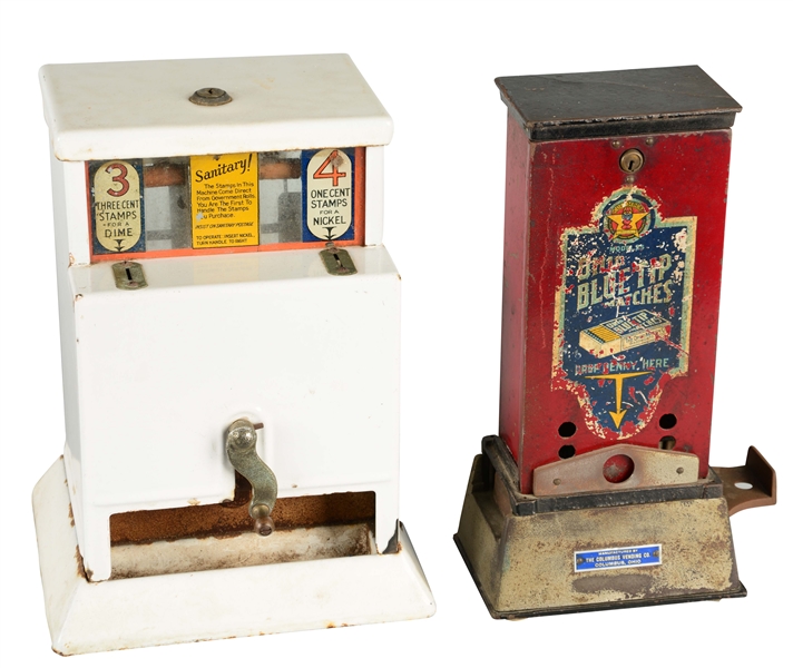 LOT OF 2: POSTAGE STAMP AND MATCH DISPENSERS.