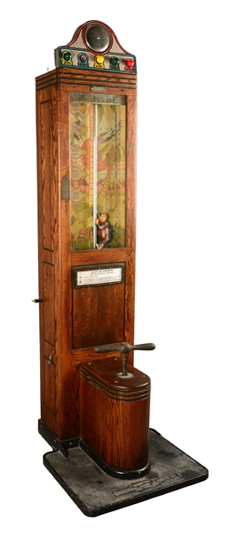 EARLY 1900S 1¢ MUTOSCOPE LIFT-O-GRAPH MONKEY STRENGTH TESTER.